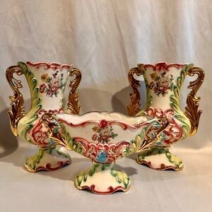 Vintage Multicolor Floral Vases Set of 3 Centerpiece Buffet 24k gold trim